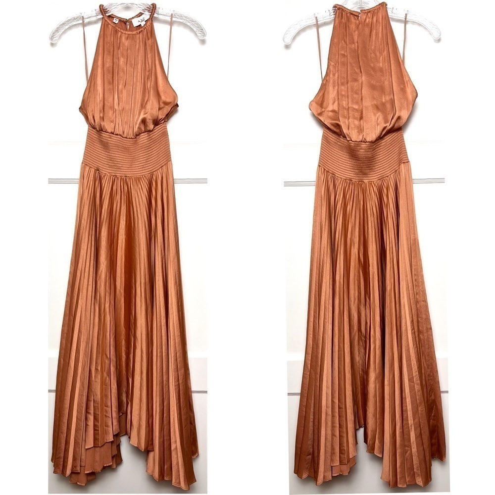 ALC Copper Satin Pleated Sleeveless Halter Smocked Waist Asymmetrical Hem Gown 2 - Picture 12 of 16